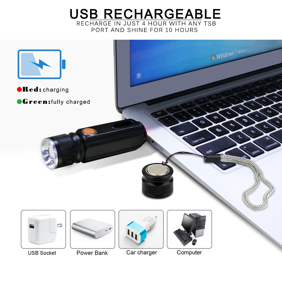 Zoom USB Перезаряжаемый светодиодный фонарик XML T6 + COB высокий люмен яркий Мини