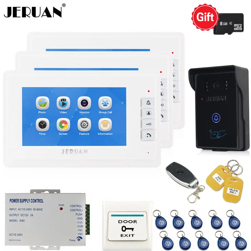 

JERUAN 7 inch LCD Video Door Phone Video Recording Doorbell Intercom System kit Waterproof RFID Access Control Camera 1V3