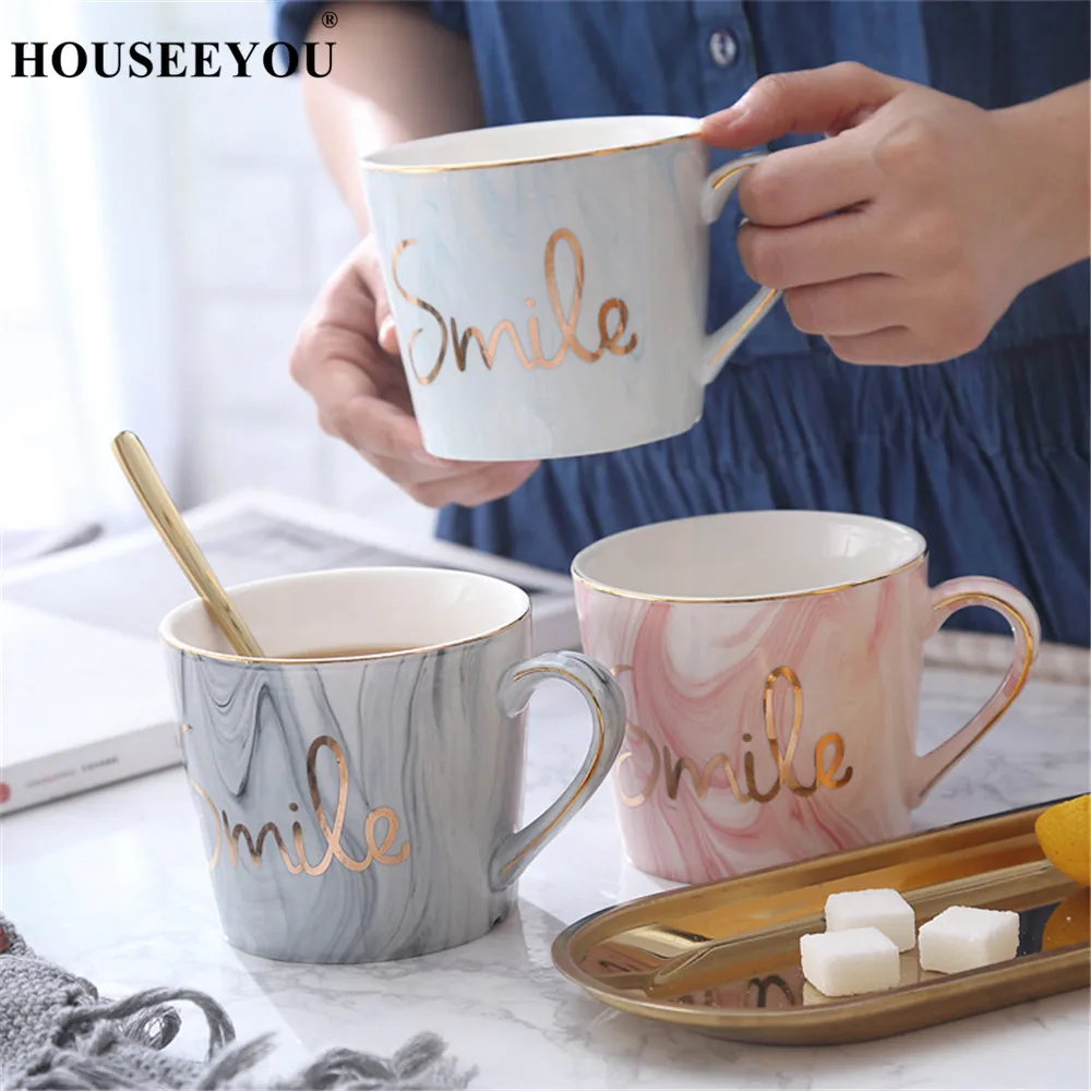 

HOUSEEYOU Hand-Painted Natural Marble Porcelain Coffee Cups Couple Mug with Golden Smile Word Tea Milk Water Cups Gift Wholesale