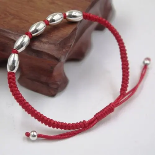 

Pure S925 Sterling Silver Smooth Oval Bead Red Cord Knitted Chain Bracelet