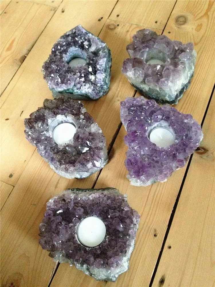 AMETHYST CRYSTAL CLUSTER TEA LIGHT CANDLE HOLDER GEODE HEALING NEW AGE PAGAN (3)