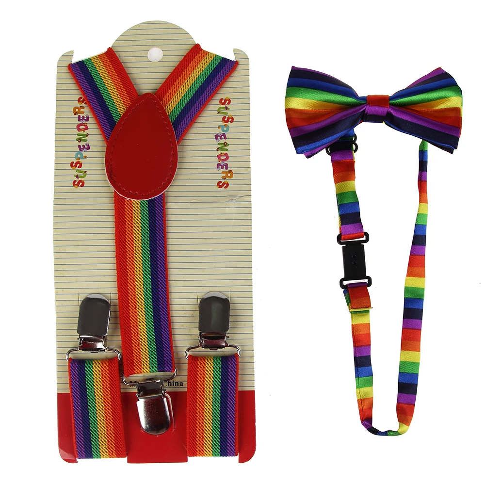 

HUOBAO New Fashion Multicolor Adjustable Rainbow Stripe Print Suspender And Bow Ties Sets For Kids Boys