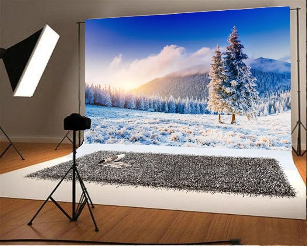 

Photography Backdrop Christmas Pine Tree Elegant Mountain Heavy Snow Blue Sky White Cloud Winter Happy New Year