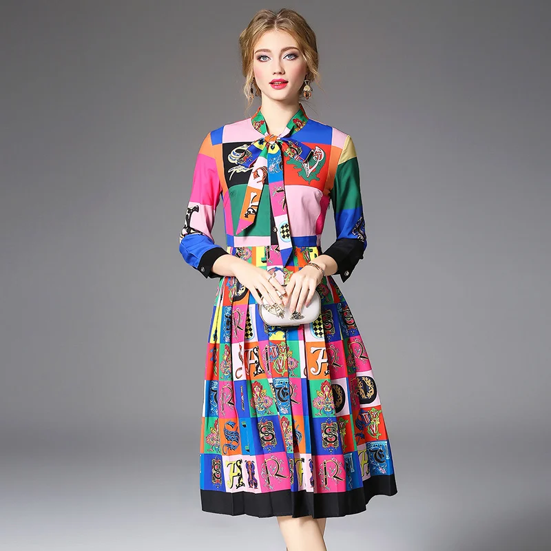 

New Fashion 2019 Spring Brand Design Maxi Dress Women Vintage Gorgeous Print Bow Tie Neck Big Swing Robe Femme Party Long Dress