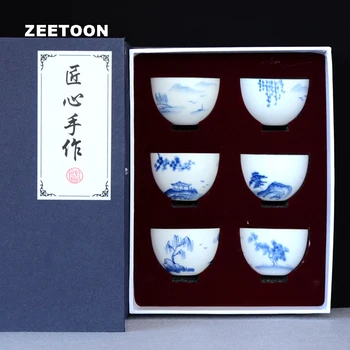 

6PCS/lot 60ml Blue and White Porcelain Teacup Ceramic Hand Painted Master Cup Tea Cup Tea Bowl Vintage Kung Fu Tea Set Gift Box