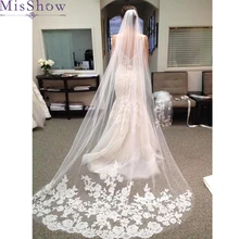 ReaI фото один Слои тюль и кружевной каймой, Соборные Свадебные вуали 3 м длинная Фата с расческой свадебные аксессуары