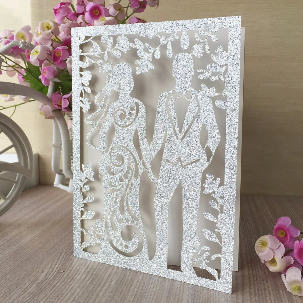 

100Pcs/Lot Glitter Paper Laser Cut Invitation Card Wedding Invitation Elegant Greeting Blessing Card Card Gift