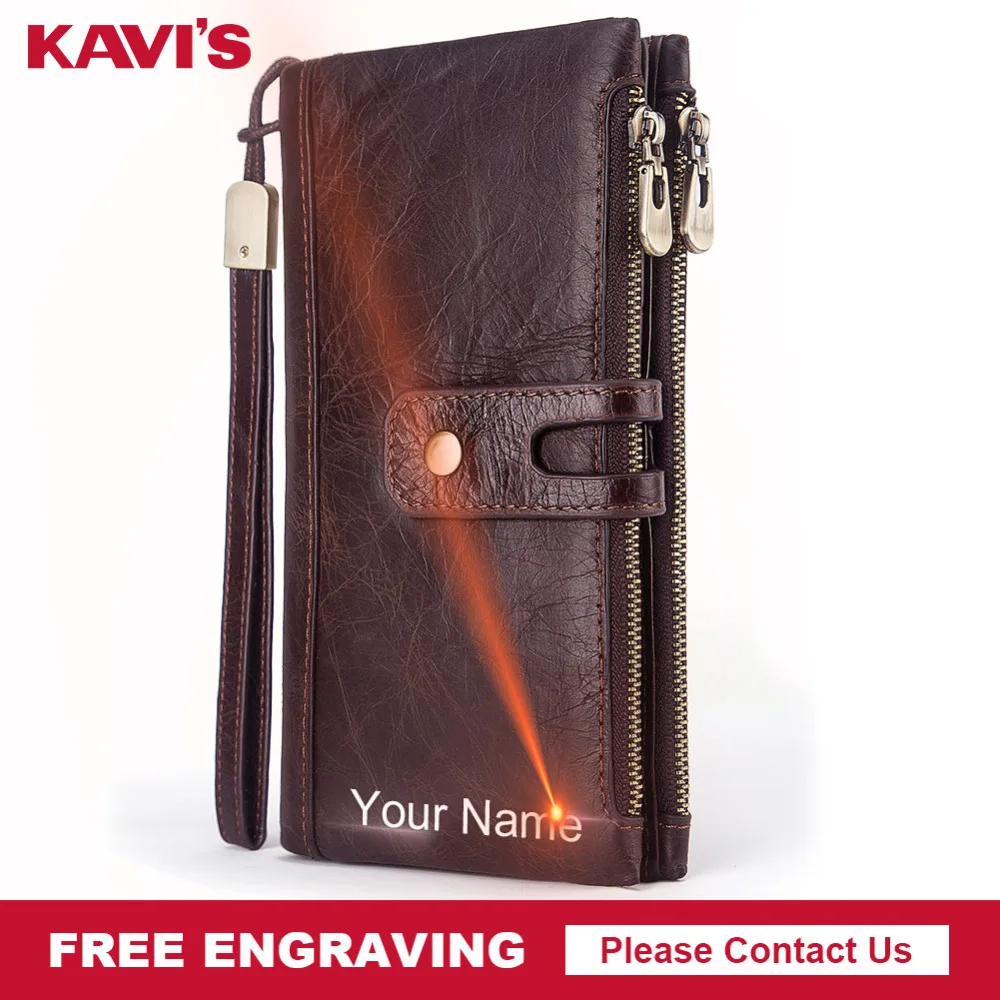 

KAVIS Free Engraving 100% Genuine Leather Men Wallet Clutch Coin Purse Walet Long Portomonee Rfid PORTFOLIO Clamp Long For Name