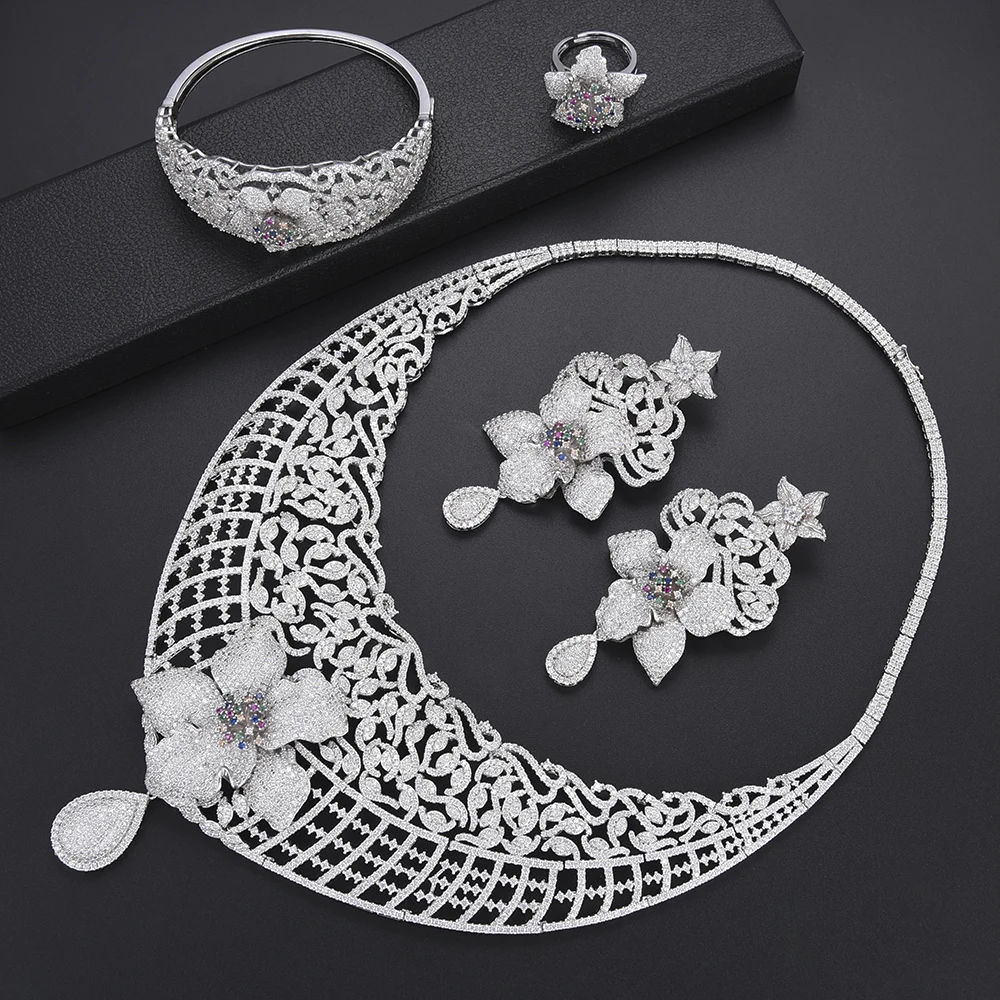 

Luxury Blossom Drop Hollow Wedding Dubai Jewelry Sets CZ Nigerian African Wedding Necklace Earrings Bracelet Ring Jewelry Set