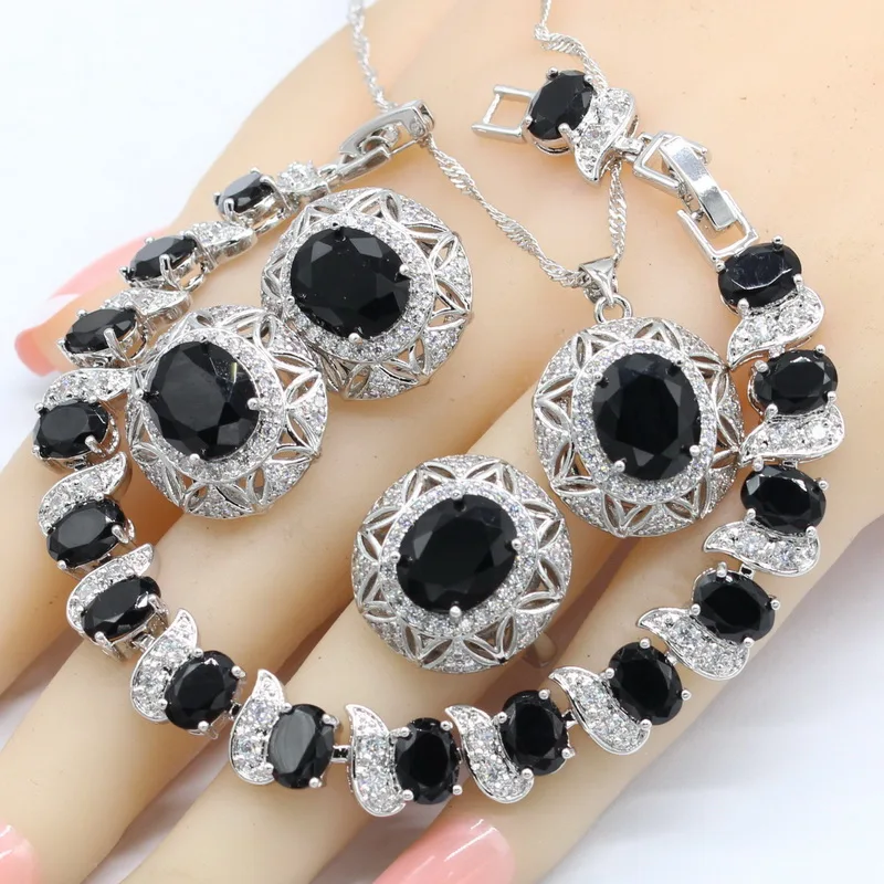 Новое поступление, серебро 925, ювелирные наборы для женщин, черное полудрагоценное ожерелье, подвеска, серьги, кольцо, браслет, рождественский подарок