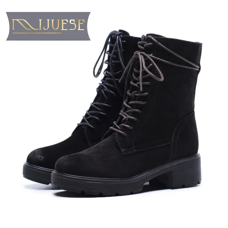

MLJUESE 2018 women Mid-calf boots cow suede lace up round toe winter short plush warm women riding boots female martin boots