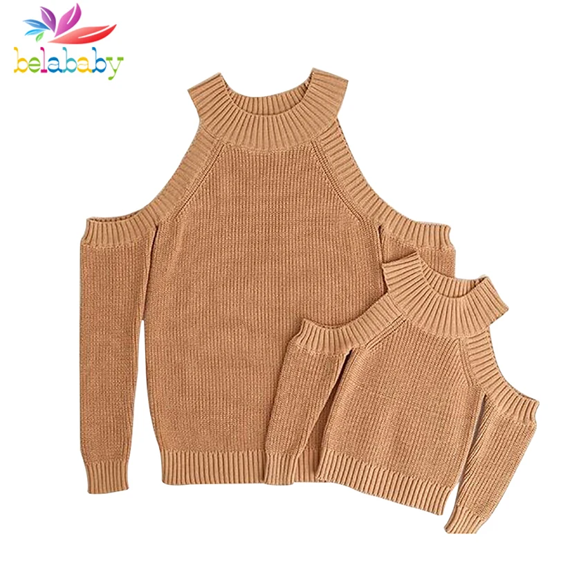Belababy Mother And Daughter Sweater 2018 New Strapless Shoulder Long Sleeve Striped knitting Costume Parent-child Clothing