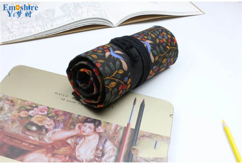 Emoshire Happy tree canvas hand cloth curtains color pencil case men and women pen bag roll stationery (2)