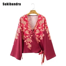 Sukibandra Autumn Floral Print Long Sleeve Red Women Kimono Shirt Blouse Fashion Casual Cardigan Loose V Neck Vintage Blouse