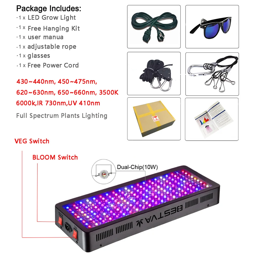 LED Grow Light полный спектр 300 Вт 600 800 1000 1200 1500 1800 2000 двойной чип красный/синий/УФ/ИК для