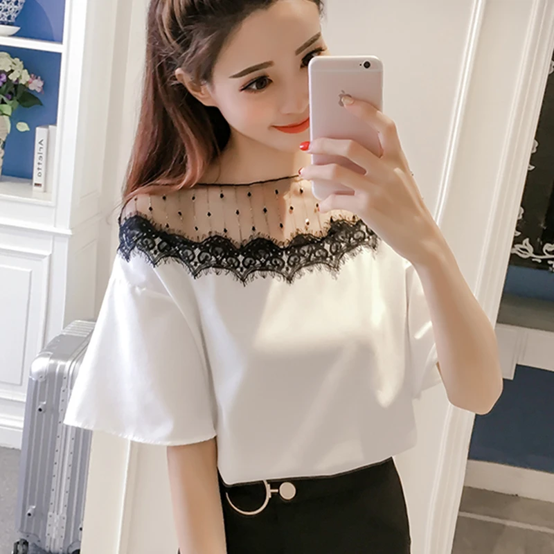 

Korean Fashion Casual Chiffon Women Blouses Lace Flare Sleeve White Women Shirts Womens Tops and Blusas Femininas Elegante
