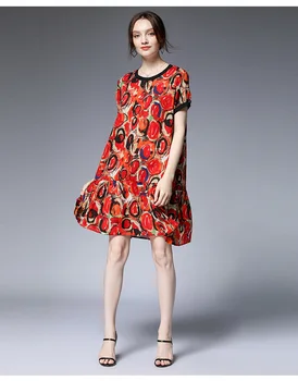 

Free ship Summer printed Chiffon Dress Elegant Vestidos ruffled hem cute dress short sleeves female Casual vacation beach dress