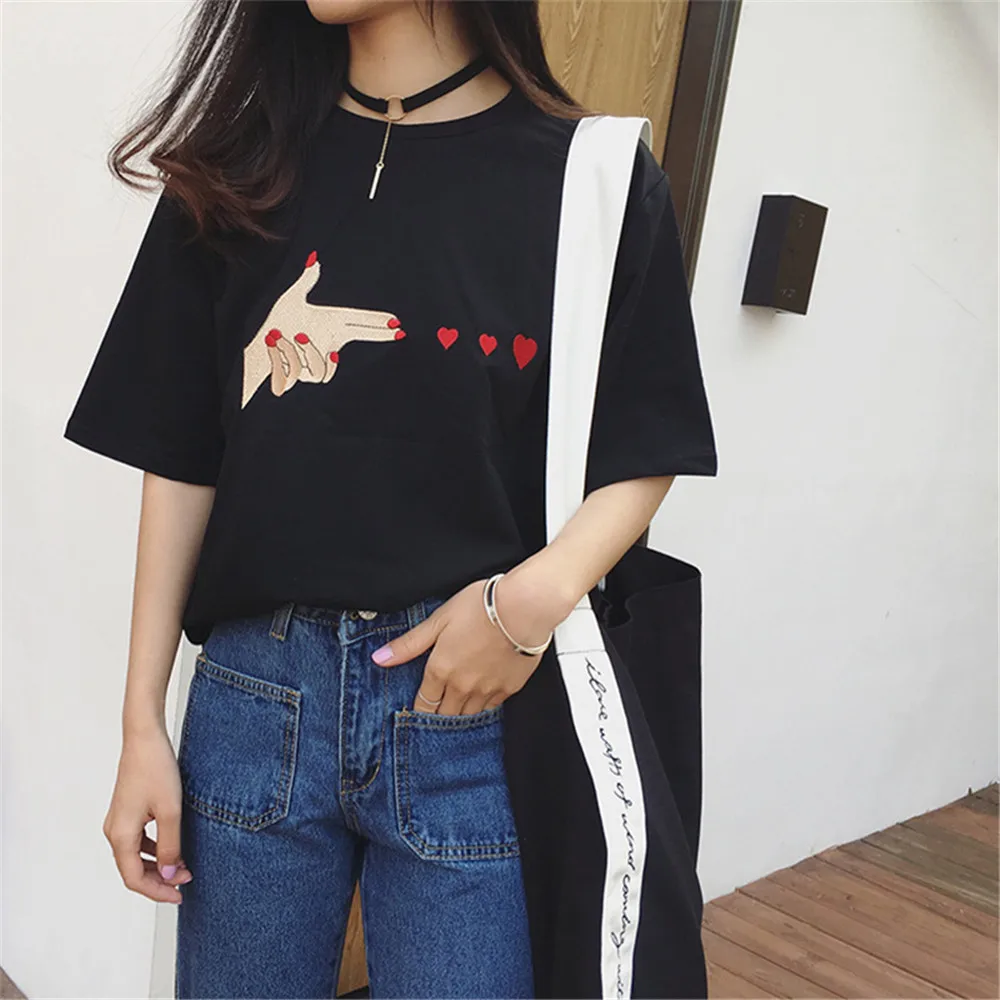 Summer Heart Hit Embroidery Women T Shirt 2017 Women Simple Shirts Casual cool top tee Short Sleeve O Neck loose T-shirt  (2)