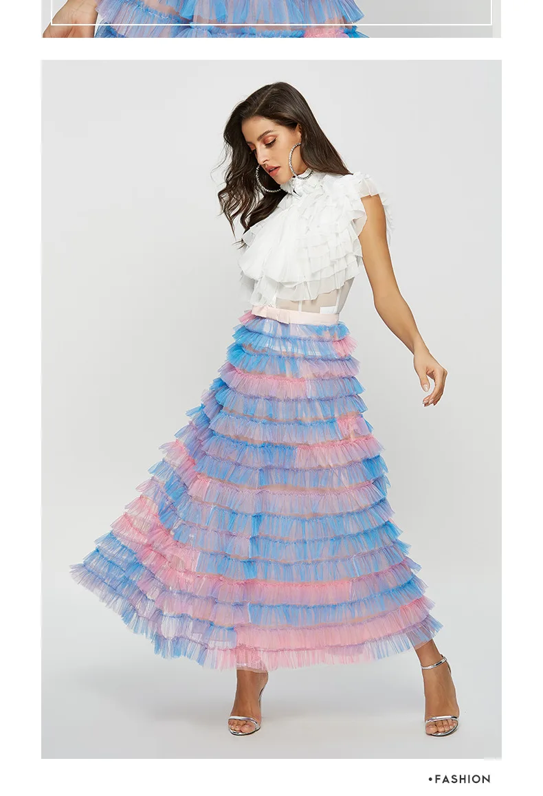 Сетчатая юбка для женщин высокая Талия резинка с бантом оборками лоскутное Лето Макси Юбки 2018 Женская мода Сладкий костюмы