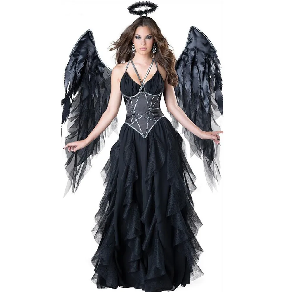 Сексуальные костюмы Devil Fallen Angel, Классические вечерние костюмы на Хэллоуин, маскарадный костюм black wings and black halo, карнавальный костюм Пурима