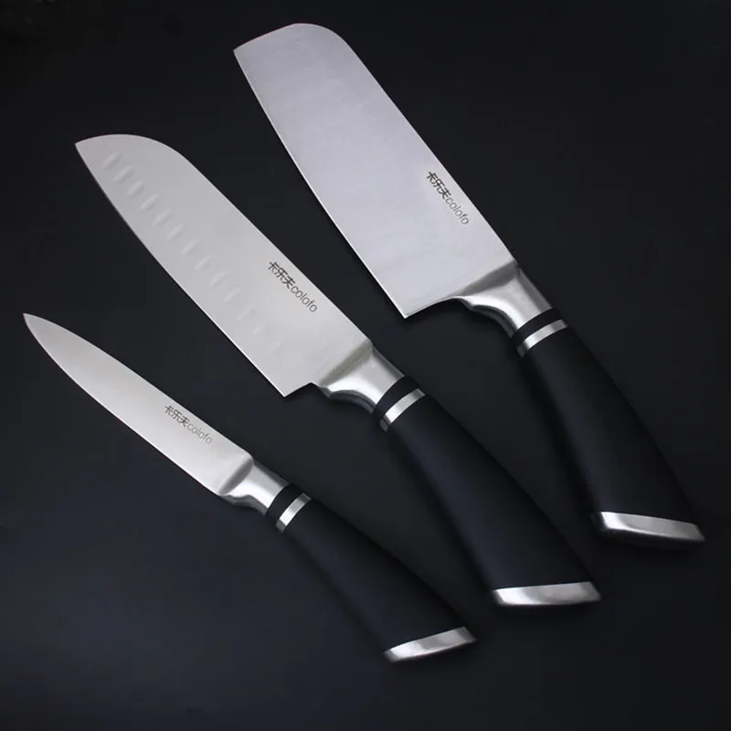 Online Envío Gratis MIKALA gran venta cuchillos de cocina de acero inoxidable unids 3 piezas Set Santoku Chef cuchillo rebanador de frutas vegetales cuchillo de corte