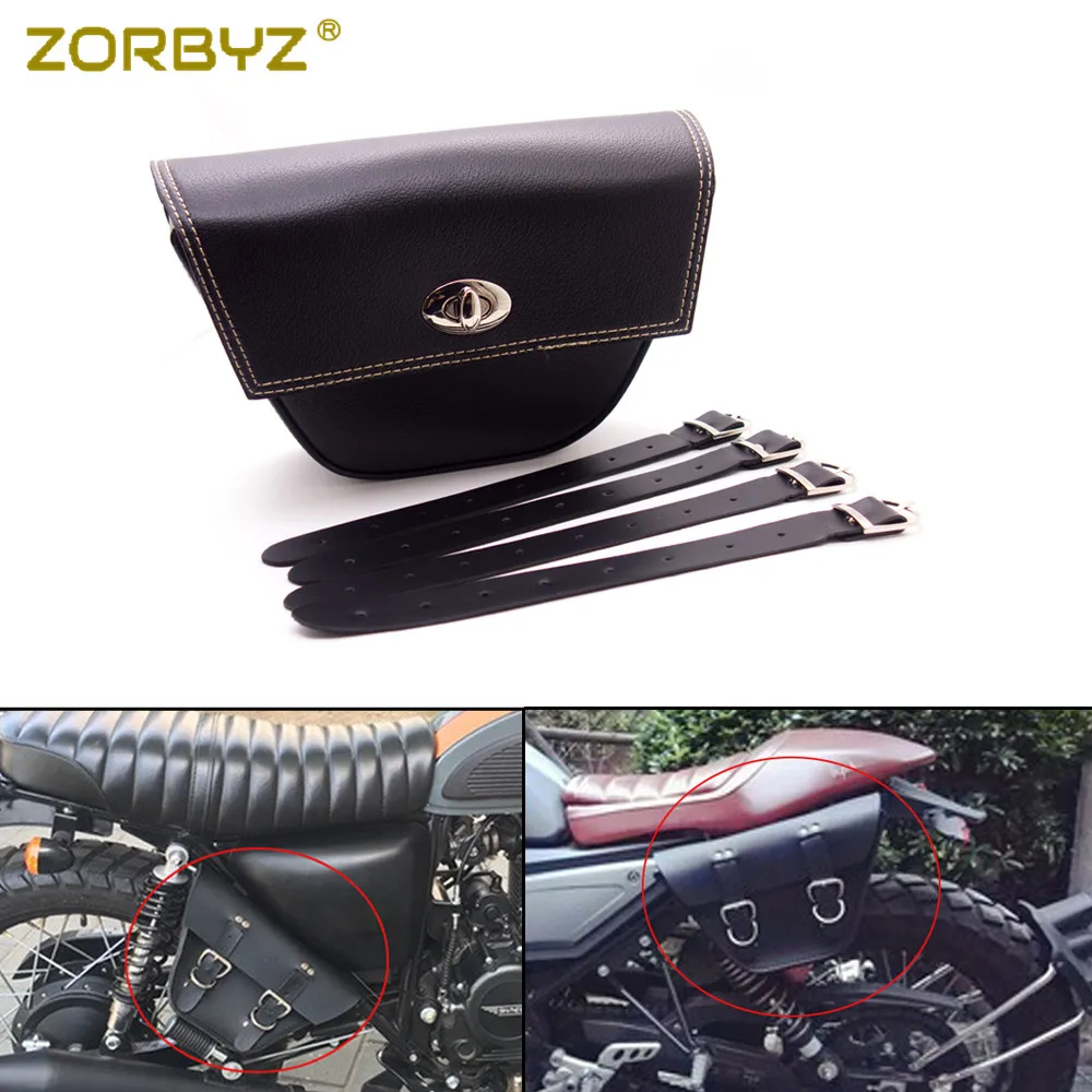 

ZORBYZ Black PU Leather Saddlebag saddle bag Luggage Tool Side Bags For Cafe Racer ATV Motorcycle