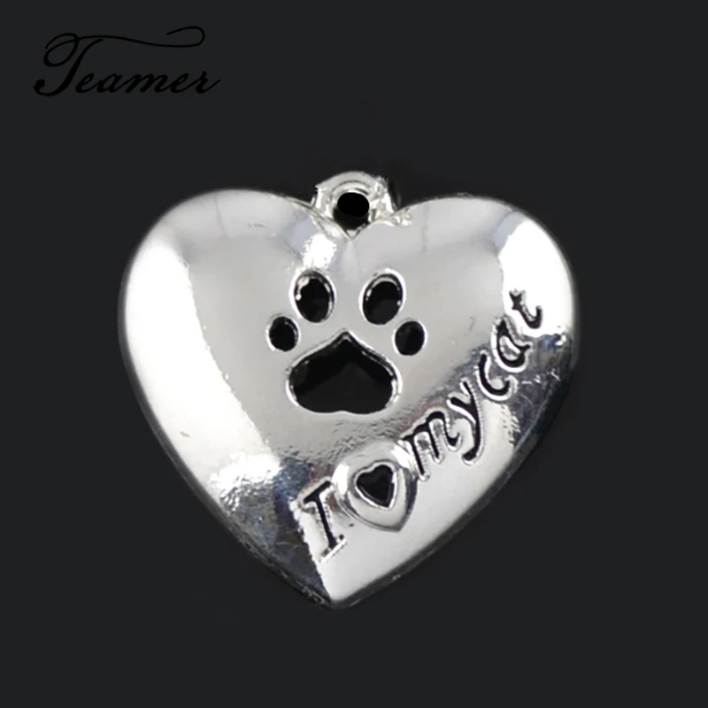 

Teamer 5Pcs/Lot Rhodium Color Cute Animal Pawprint Cat Paw Pendant I Love My Cat Letter Heart Charm for Jewelry Making