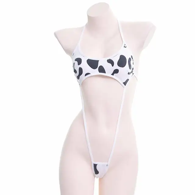 Kawaii Black White Cow Print Mini Backless One Piece Micro Bikini Jumpsuit Erotic Sex Costumes Bodysuit for Women Sexy Lingerie 2
