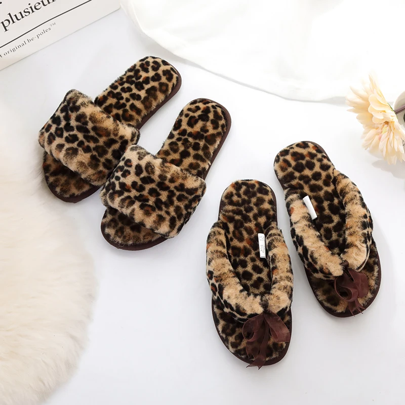 Millffy new winter fur flip flops Leopard female cotton wool word drag slippers non-slip shoes flip a word crab cab