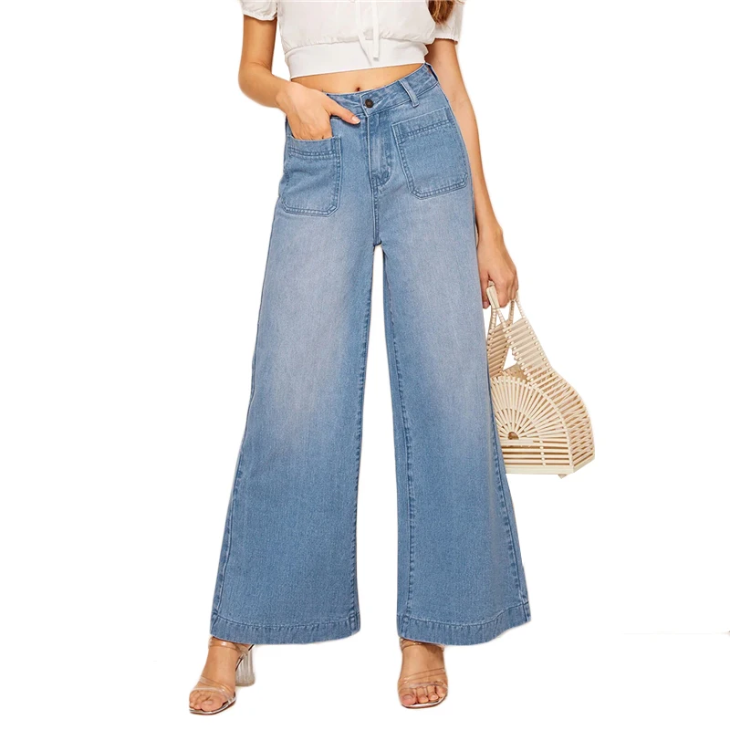 Sheinside Blue Vintage Double Pocket Detail Jeans Women Summer Mid Waist Wide Leg Trousers Ladies Denim Button Pants