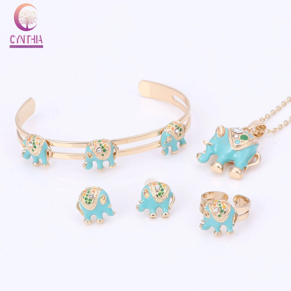 Gold Color Enamel Crystal Elephant Necklace Bangle Bracelet Ring Set