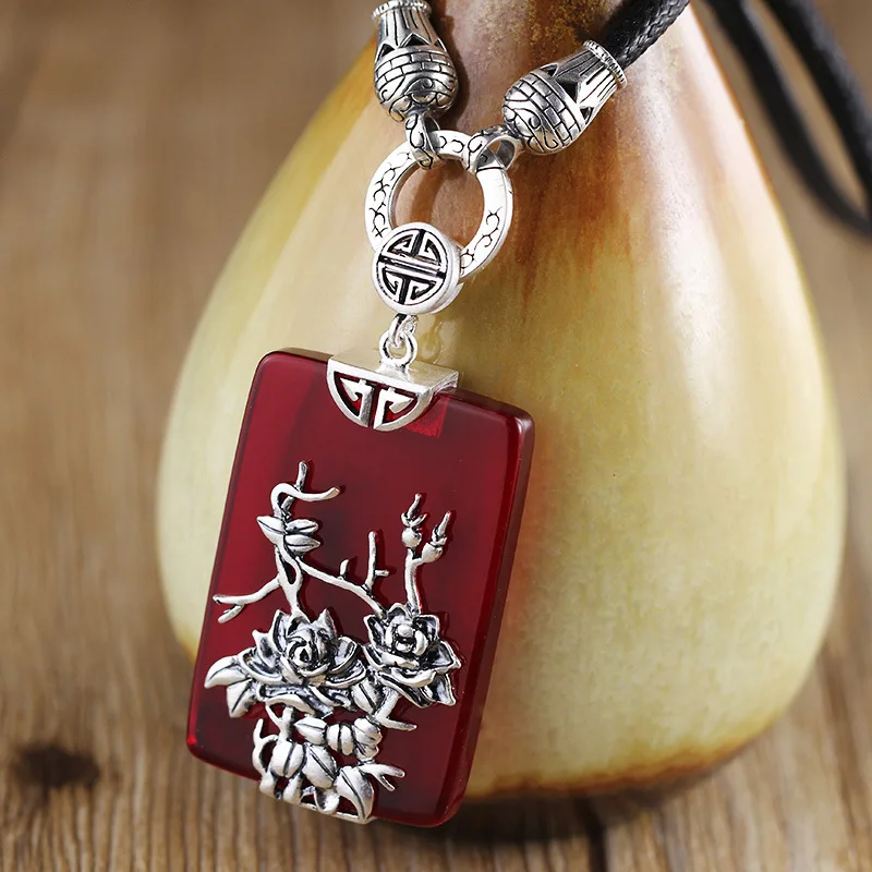 

Character silver goods 925 sterling silver jewelry national wind lady red corundum light flower beautiful pendant