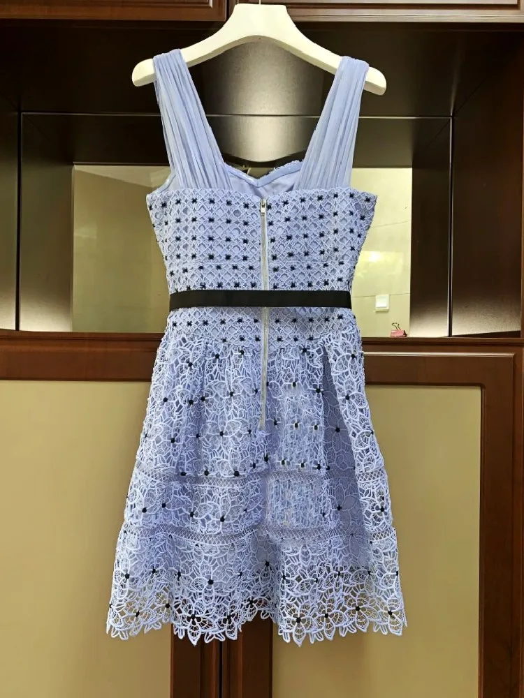 Дизайнерское платье для автопортретов летнее женское сексуальное синее открытое кружевное платье с открытой спиной ТРАПЕЦИЕВИДНОЕ мини-платье без рукавов