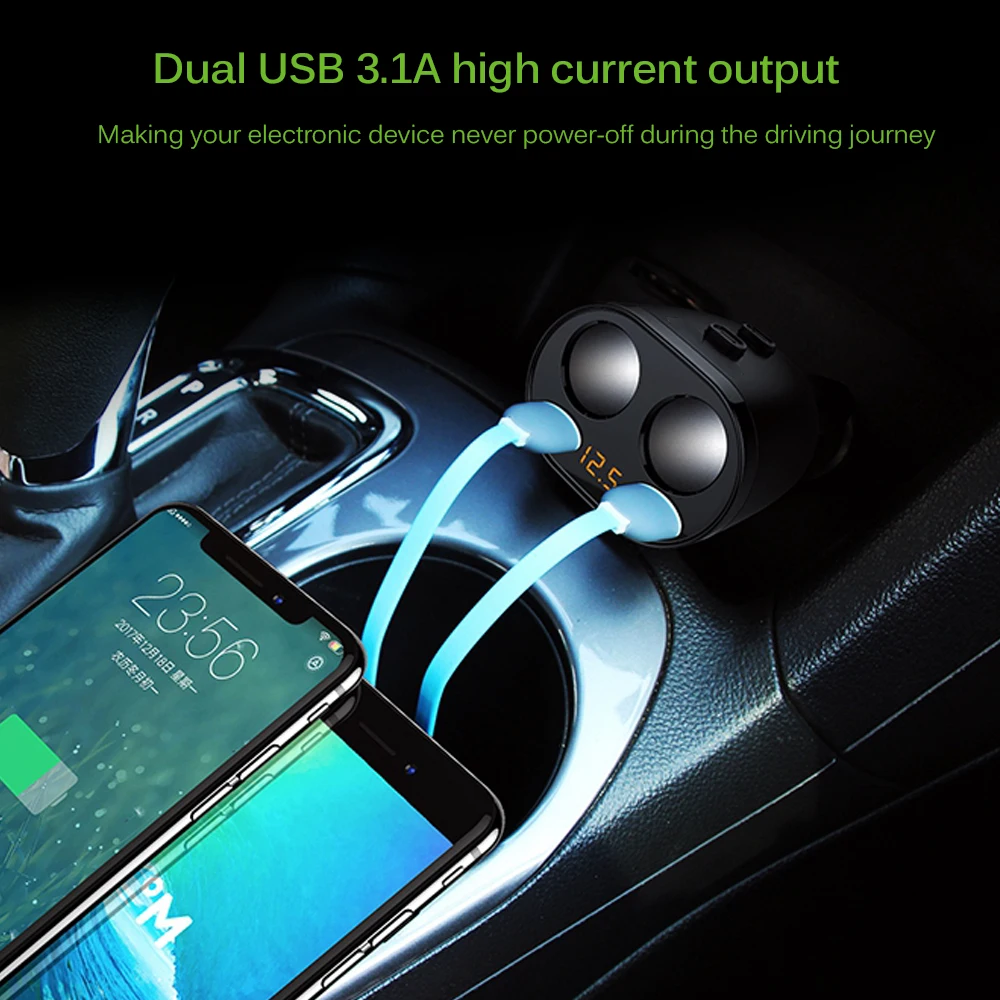 Powstro 3.1A 2 USB Автомобильное зарядное устройство Цифровое для мобильного телефона