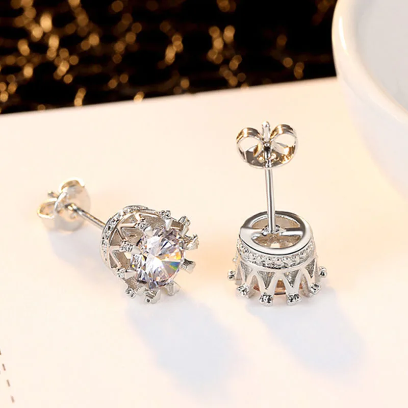 Korean Fashion Zircon Crown Stud Earrings for Women Ladies Girls Round Cubic CZ Crystals Screw Back Earrings Classic All Match