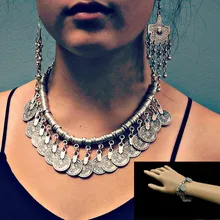 Цыганские/турецкие винтажные Серебряные Металлические Ювелирные наборы для женщин, девушек, монета, кисточка, цепочка, ожерелье, серьги, браслет, этническая индия