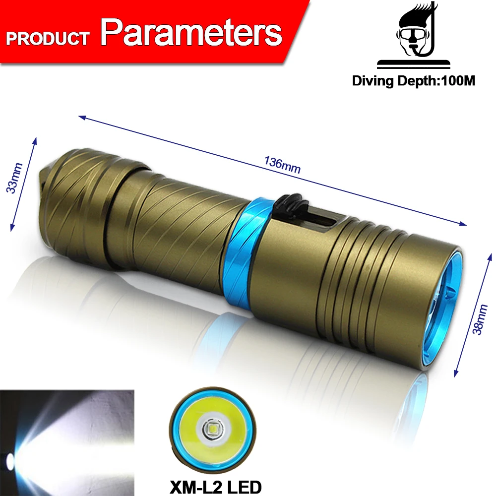 Фонарик для дайвинга, водонепроницаемый фонарь, мощный XM-L2 фонарик для подводного плавания 200 м, подводное освещение с батареей 18650/26650