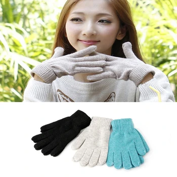

KLV Unisex Men Women Winter Knitted Solid Color Full Finger Gloves Soft Warm Mitten