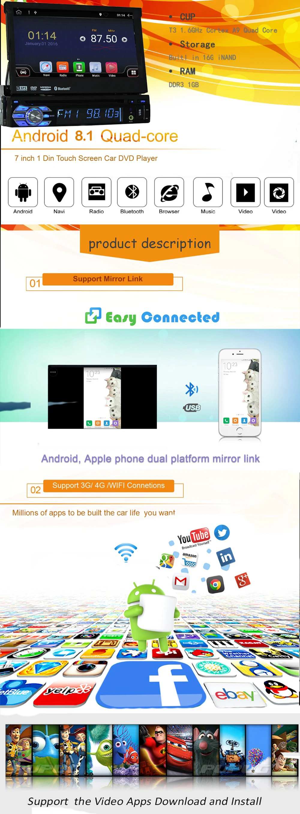Best Quad Core Android 8.1 2G RAM  ROM 16G Support 4G LTE SIM Network Car GPS 1 din Universal car Radio player dvd SWC RDS 5