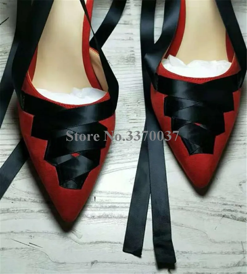 Дизайн Для женщин модные острый носок туфли-лодочки красного цвета из замши кожаные тонкие туфли-лодочки на каблуке, со шнуровкой, туфли на высоком каблуке с ремешком на щиколотке клуб Туфли под платье