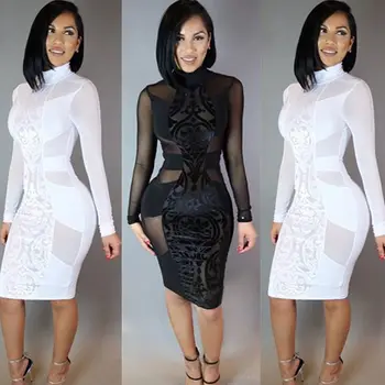 

2019 Fashion Lady Bandage Bodycon Long Sleeve Evening Sexy Party Mini Dress Black White Chiffon Costume