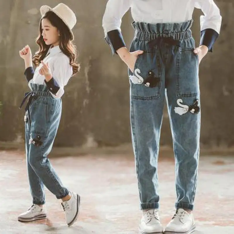 

Jeans Baby Girl High Waist Harem Pencil Denim Pant Teenager Children Clothes 2019 Spring Big Girl Kids Jeans 9 10 11 12 13 14 15