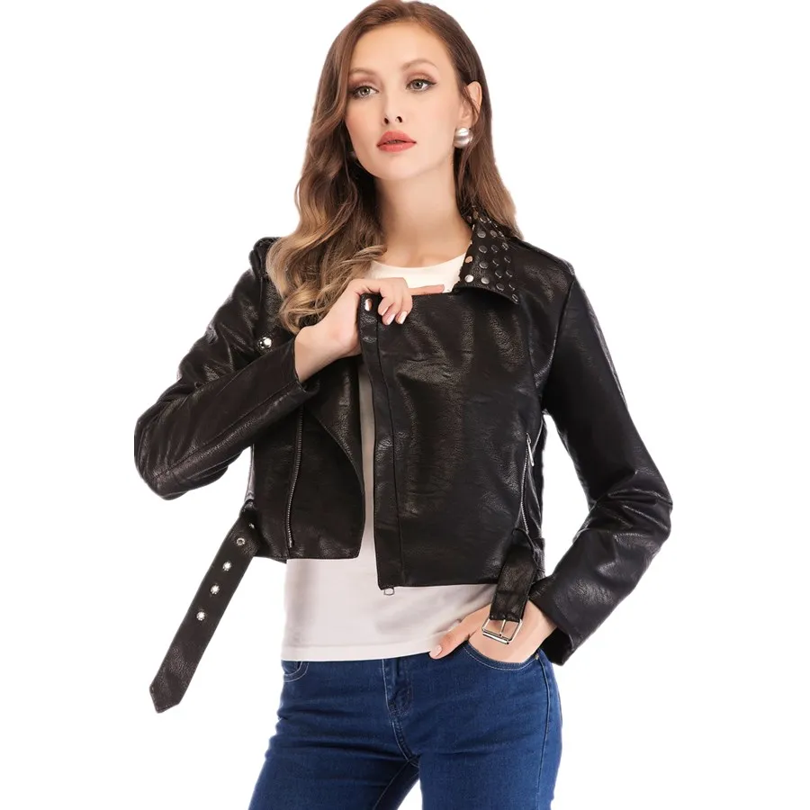 

Fashion brand longer style motorcar style rivet pu leather jackets female elegant street style long sleeve leather jacket wq673