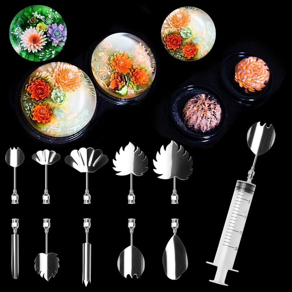 Newly 10 Pcs/Set 3D Gelatin Jelly Flower Art Tools Stainless Steel Nozzle Syringe Kit Pudding Cake Decorating Tool VA88