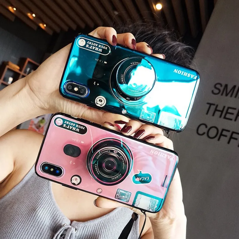 

Luxury brand vintage camera bracket lanyard silicone phone case for iphone 6 7 8 plus x couple models bule ray glossy back cover