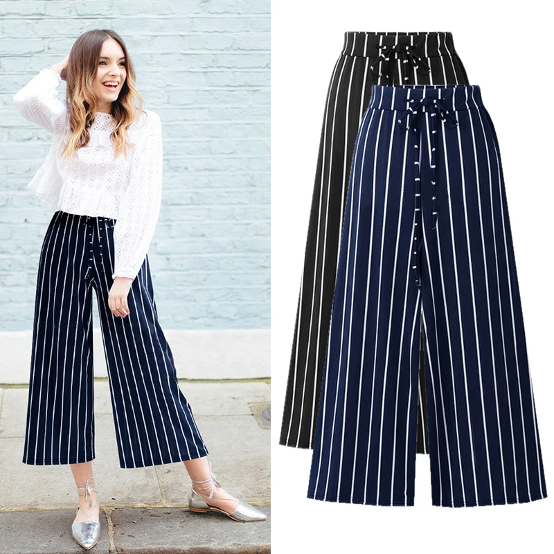 

Summer Striped Women Pants Wide Leg Pants Female High Waist Pants Black Plus Large Size Pants 5XL 6XL Korean Style Clothes 2019