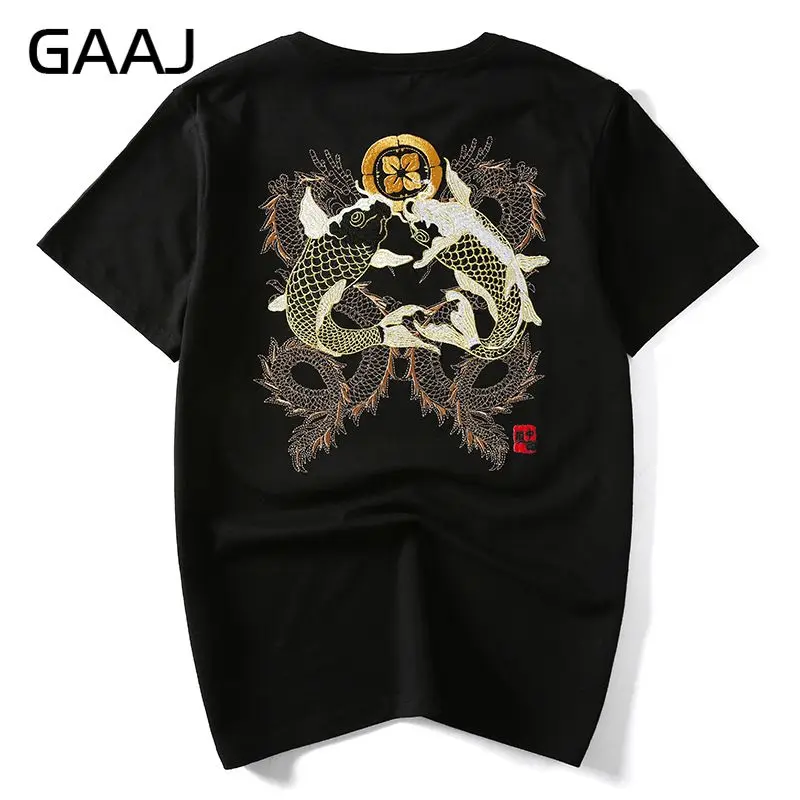 Высокое качество вышивка животное "Китайский журавль рыба" мужские футболки хип-хоп Японский китайский стиль Одежда Футболка 5XL - Цвет: Style 3 Fish Black