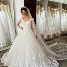 Бальное платье с v-образным вырезом и длинным рукавом, свадебные платья, кружевные платья с аппликацией на заказ, кружевные свадебные платья длиной до пола