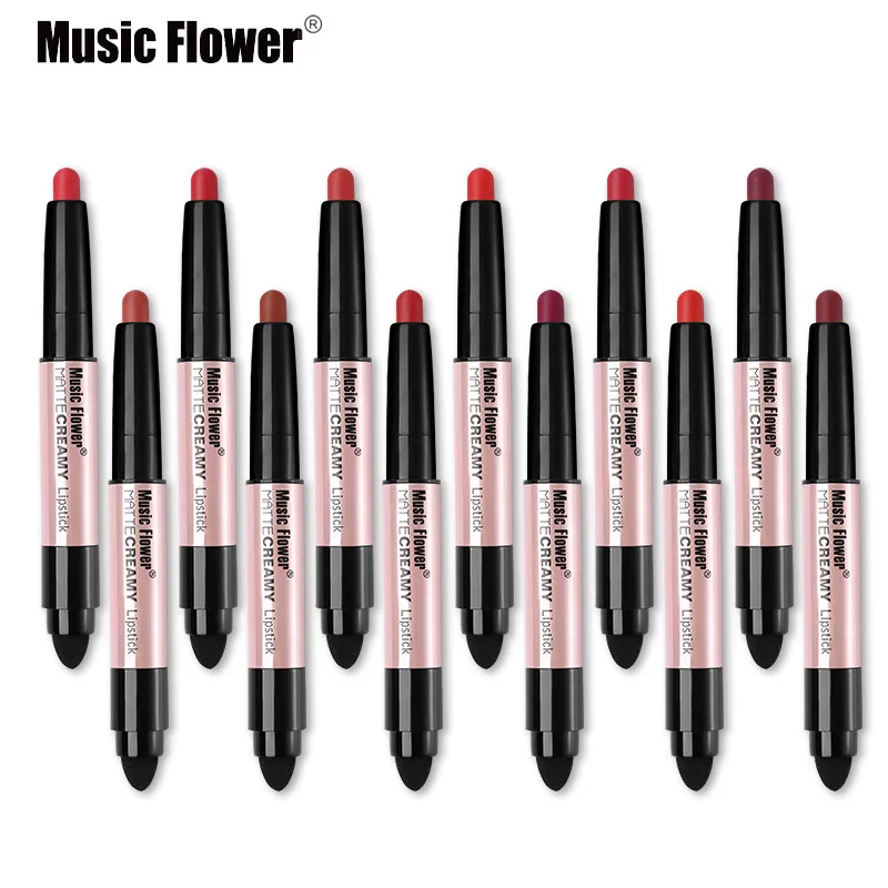 Music Flower Glamorous Bite Lipstick Makeup Matte Creamy Pencil Lip Stick Cosmetic Batom Rouge with Sponge 12 Sexy Colors