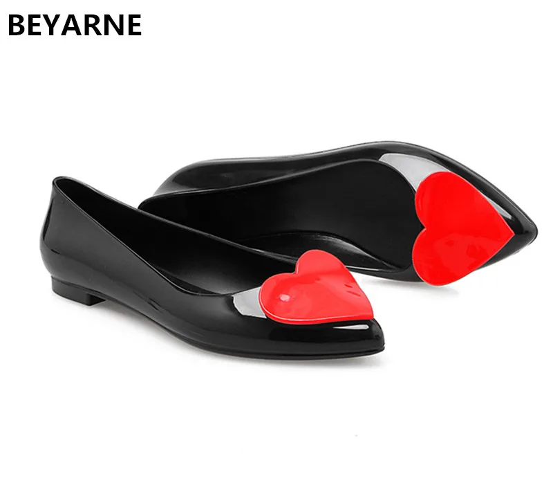 

BEYARNE woman jelly shoes pointed toe lady flat rain sandals women student summer beach sandal candy color lovely gold heart 41